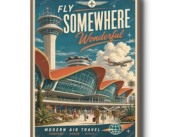 Flygplatsposter från mitten av århundradet, retro resetryck, väggkonst för vintageflygplan, flygdekor från jetåldern