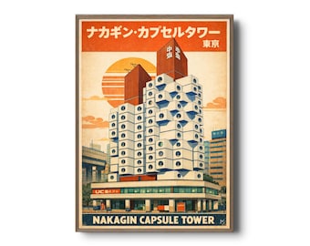 Nakagin Capsule Tower-tryck – Metabolistarkitekturposter, modernistisk byggnad i Tokyo, retro japansk design