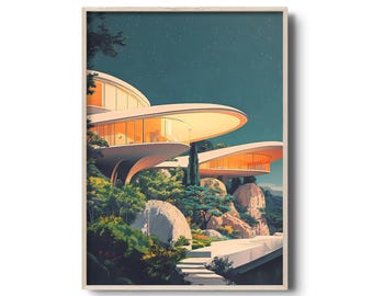 Pode incluir: Uma casa futurista, branca e curva com grandes janelas fica em uma encosta rochosa. A casa é iluminada por dentro, lançando um brilho quente contra o céu noturno azul escuro. Árvores e folhagens verdes exuberantes cercam a casa, criando uma sensação de privacidade e tranquilidade.