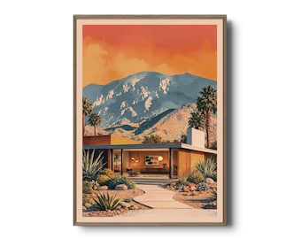 Palm Springs Desert House Print – Poster med modern arkitektur i mitten av århundradet och San Jacinto-bergen