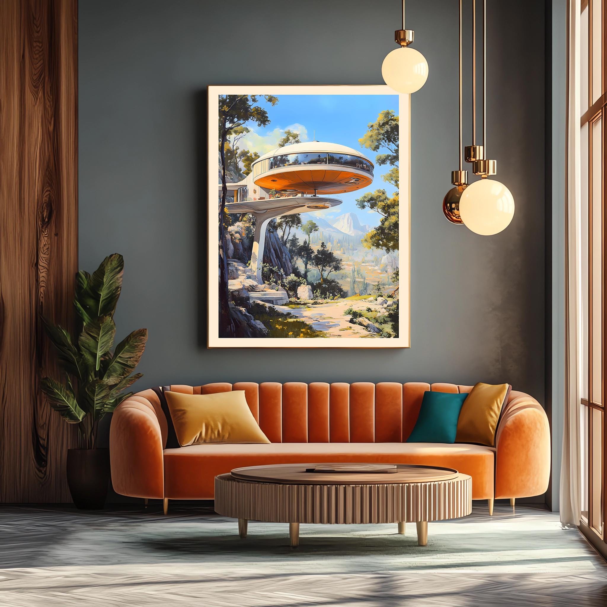 Retro Futuristic Mountain House Art Print - Mid-century Modern