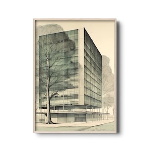 Vintage moderne Architektur Druck | Mies Van der Rohe Architekturskizze Kunst | Modernist Architektur | Vintage Wanddekor | Retro-Kunst