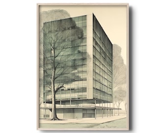 Vintage modern architecture print | Mies Van der Rohe architectural sketch art | Modernist architecture | Vintage wall decor | Retro art