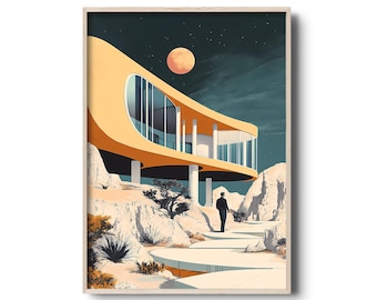 May include: A futuristic, yellow and orange curved house with large windows sits on a rocky cliff. A person walks up a path towards the house. The sky is dark blue with a large, orange moon and stars.