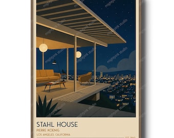 Stahl House Night-affisch, Pierre Koenig-tryck, väggkonst med modern arkitektur i mitten av århundradet