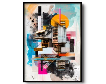 建築コラージュ | 抽象的な現代建築アートプリント | カラフルな