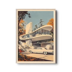Mid-Century Modern House Art Print, Retro Futuristic Architecture Wall Decor, Stylish Vintage Poster, Minimalist Home Design Artwork