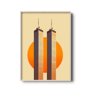 World trade center 1 & 2 art print | Architecture minimal illustration | Minoru Yamasaki and Julian Roth | Twin Towers poster | 1973-2001