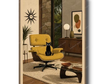 Mitten av århundradet katt loungetryck, retro modern väggkonst, Eames Style Decor