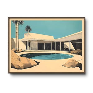 Mid-Century Modern House Print | Palm Springs Architecture Wall Art | Retro Desert Pool Illustration | Curved Modern Home Decor Poster