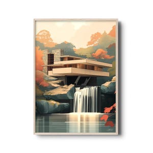 Fallingwater House Print - Frank lllloyd Wright Architektur Poster - Moderne Hauskunst - Natur Wasserfall Design - Cabin Retreat - Vintage