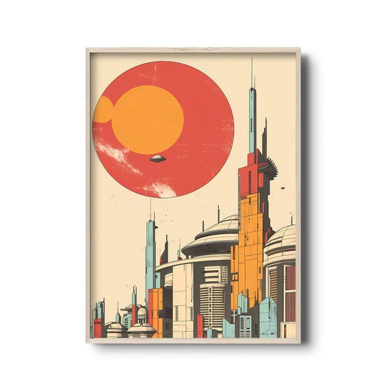 Vintage Sci-fi Art Print | Futuristic city | Minimalist illustration | Mid-Century Modern Style Aesthetics | Retro Future City Skyline