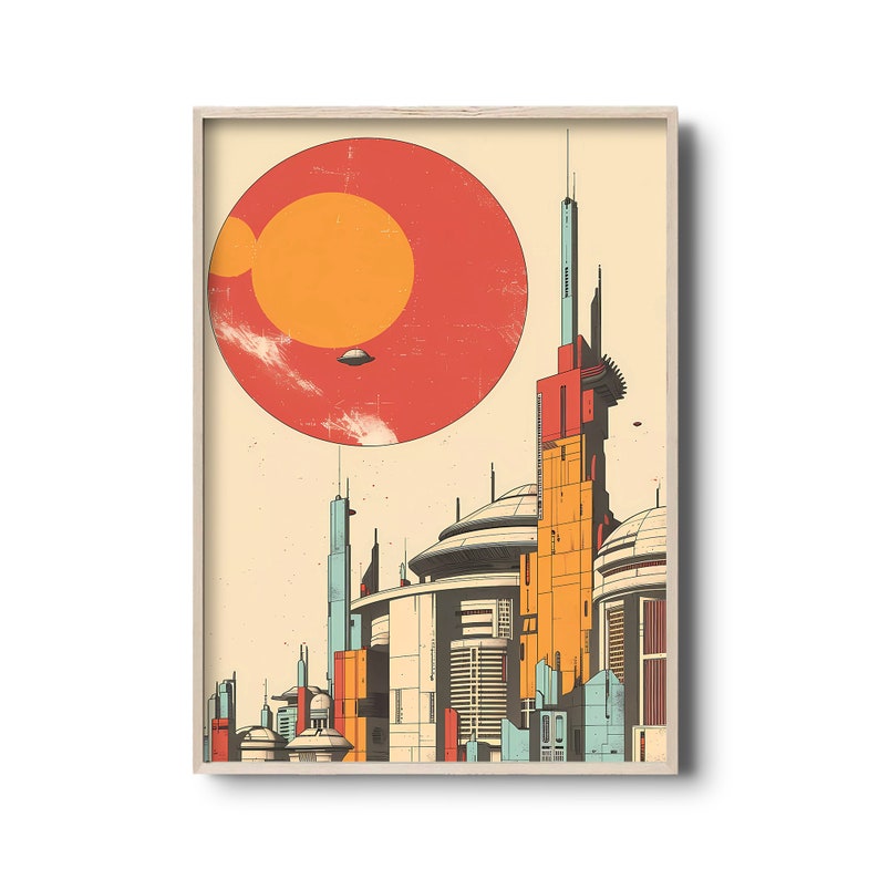 May include: A retro-style illustration of a futuristic city with tall buildings and a large red planet in the background.