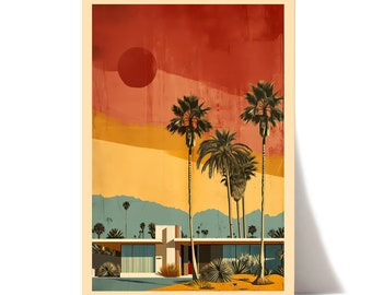 May include: A framed art print featuring a mid-century modern house with palm trees under a sunset sky. The artwork uses a warm color palette of orange, yellow, and blue. The print is displayed on a white background.