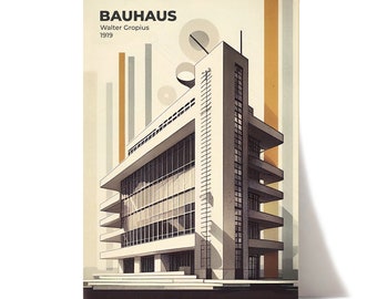 May include: A vintage-style poster featuring a minimalist illustration of the Bauhaus building in Dessau, Germany. The poster is in shades of gray, brown, and beige with the text "BAUHAUS Walter Gropius 1919" at the top.