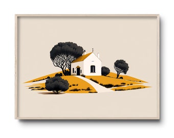Alentejo, Portugal, illustratie afdrukken, Portugees landschap, landschap, Alentejo hils, Corktree, velden, Portugese kunst