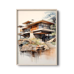 Mid-century Modern art print | Modernist Architecture wall art | Modernism | Modern fictional house from 1950s | Architecture sketch poster