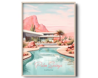 Puede incluir: Una ilustración de estilo retro de una casa moderna de mediados de siglo con una piscina en el desierto. La casa tiene un techo plano y grandes ventanas. La piscina está rodeada de palmeras y rocas. El texto "Palm Springs, California" está en la parte inferior de la imagen.