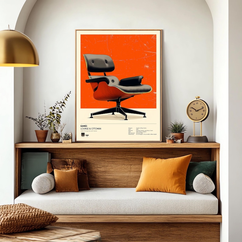 May include: A framed poster featuring an Eames Lounge & Ottoman chair against a vibrant orange background. The chair is depicted in black and reddish-brown tones, with a black base. The poster includes the text "EAMES LOUNGE & OTTOMAN".