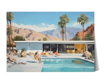 May include: A mid-century modern home with a swimming pool and palm trees in the background. People are relaxing by the pool on lounge chairs.