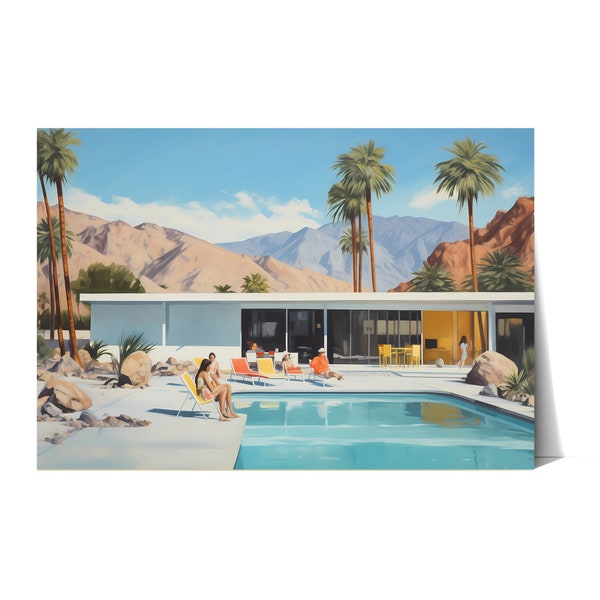 Huile de Palm Springs sur toile | Art mural de palmier | Californie moderne du milieu du siècle | Maison moderne avec piscine | imprimé vintage de Palm Springs