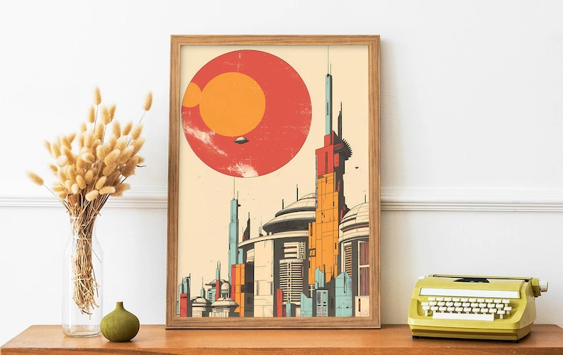 May include: A retro-style poster featuring a futuristic cityscape with tall buildings and a large red sun in the background. The buildings are a mix of colours, including orange, yellow, blue, and red. The poster has a vintage, distressed look.
