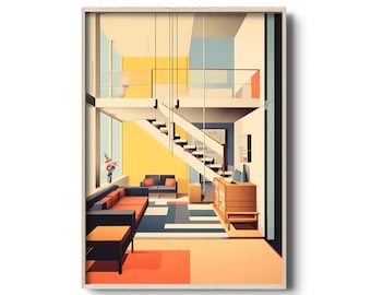 Vintage Interior Architecture Art Print | Walter Gropius inspired wall art | Bauhaus interior illustration | Bauhaus poster