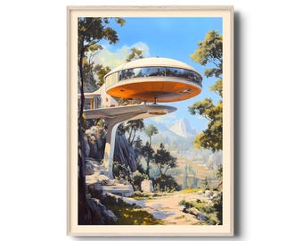 Futuristisches Haus in den Bergen Art Print - Mid-Century Modern inspirierte Wanddekoration, Sci-Fi Landschaft Poster - Vintage Space Age Haus