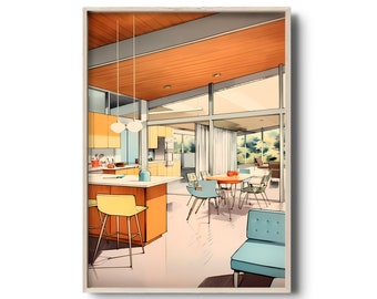 Mid century interior design wall art | Vintage interior architecture | Mid-century interior illustration | Modern architecture drawing