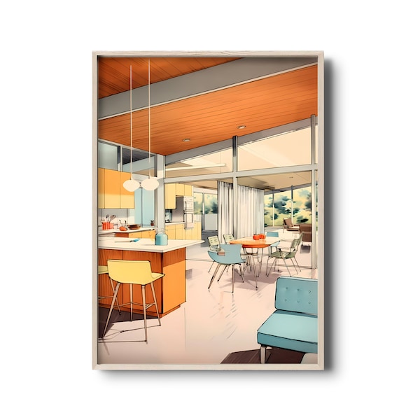 Mid century interior design wall art | Vintage interior architecture | Mid-century interior illustration | Modern architecture drawing