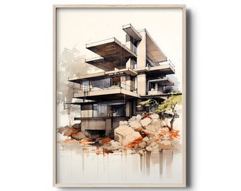 Mid-century Modern Architecture Art Print | 1950s Modernism | Modernist fictional house | Architecture poster