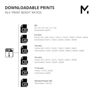 May include: A black and white illustration of a zip file with a folder icon inside. The illustration is connected to a series of black squares labelled "JPG" with text describing different print sizes in inches and centimetres. The text includes the following ratios: ISO, 2:3, 3:4, 4:5, 11:14, and Standard Poster ISO. The text also includes the following sizes: A5, A4, A3, A2, A1, A0, 4x6, 6x9, 8x12, 10x15, 12x18, 16x24, 20x30, 24x36, 6x8, 9x12, 12x16, 15x20, 18x24, 24x32, 4x5, 8x10, 12x15, 16x20, 20x25, 24x30, 11x14, 22x28, 70x100, 50x70, 10x15, 15x23, 20x30, 30x45, 40x60, 15x20, 22x30, 30x40, 38x50, 45x60, 60x80, 16x20, 20x25, 40x50, 36x50. The text also includes the following measurements: inches and centimetres.