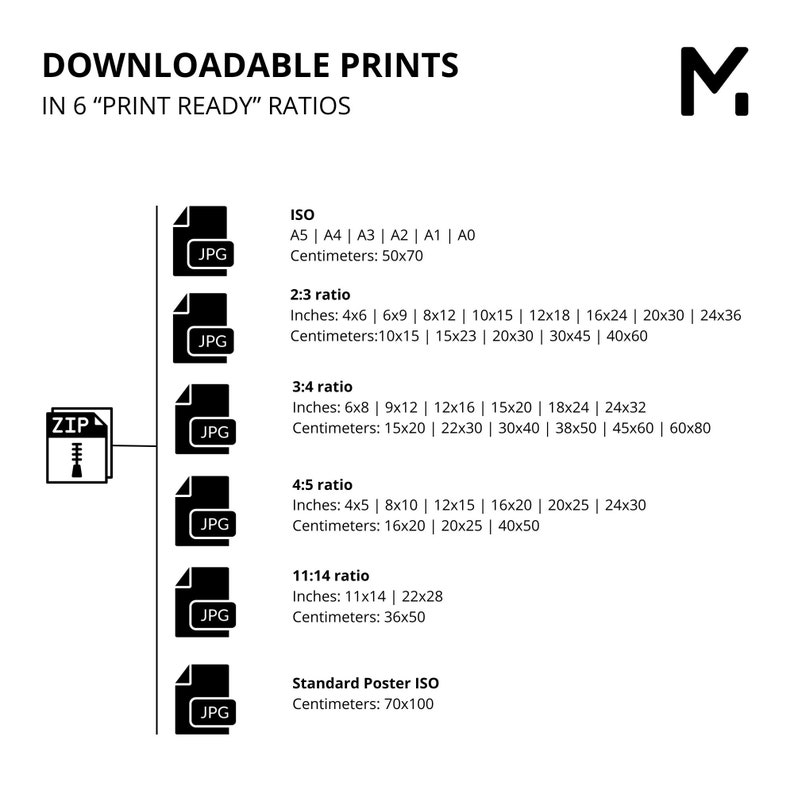 May include: A black and white illustration of a zip file with a folder icon inside. The illustration is connected to a series of black squares labelled "JPG" with text describing different print sizes in inches and centimetres. The text includes the following ratios: ISO, 2:3, 3:4, 4:5, 11:14, and Standard Poster ISO. The text also includes the following sizes: A5, A4, A3, A2, A1, A0, 4x6, 6x9, 8x12, 10x15, 12x18, 16x24, 20x30, 24x36, 6x8, 9x12, 12x16, 15x20, 18x24, 24x32, 4x5, 8x10, 12x15, 16x20, 20x25, 24x30, 11x14, 22x28, 70x100, 50x70, 10x15, 15x23, 20x30, 30x45, 40x60, 15x20, 22x30, 30x40, 38x50, 45x60, 60x80, 16x20, 20x25, 40x50, 36x50. The text also includes the following measurements: inches and centimetres.