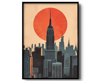 New York City Sunset Art Print | Empire State Building | NYC Wall Art | New York Silhouette Skyscrapers | Vintage Style New York Skyline