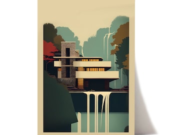 Stampa sulla cascata / poster di architettura / Casa sulla cascata Frank Lloyd Wright / stampa di architettura moderna / poster di metà secolo