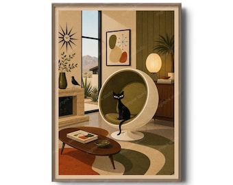 Katttryck från mitten av århundradet – Retro bollstolsillustration, modernistisk väggdekoration