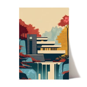 Mid-Century Modern print | Fallingwater House Frank Lloyd Wright | Vintage Architecture poster | Modern architecture art print