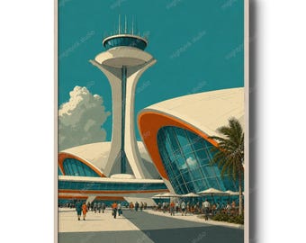 Retro futuristisk flygplatstryck, rymdåldersarkitekturposter, atomålders sci-fi-väggkonst
