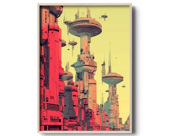 Futurism Art Print | City Landscape | Retro-futuristic wall art | Futuristic Sci-Fi illustration | Future Cityscape | Colorful wall decor