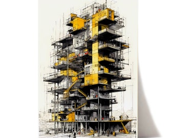 May include: A black and white ink drawing of a yellow building with multiple levels and balconies. The building is surrounded by a city skyline and people are walking around it.