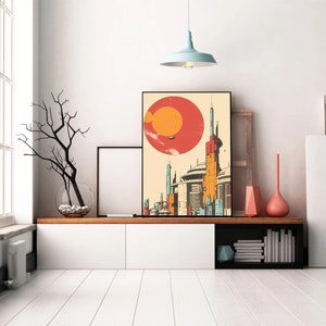 May include: A retro-style poster featuring a cityscape with tall buildings and a large red sun with a smaller orange sun in the background. The buildings are in shades of blue, yellow, and orange.