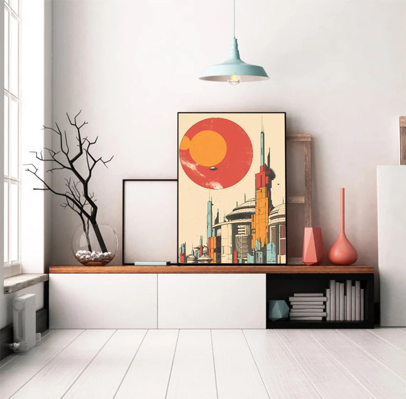 May include: A retro-style poster featuring a cityscape with tall buildings and a large red sun with a smaller orange sun in the background. The buildings are in shades of blue, yellow, and orange.