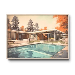 Mid-Century Modern House Illustration | Case Study Inspired Digital Art | Serene Architecture with Pool | Muted Color Home Decor Print