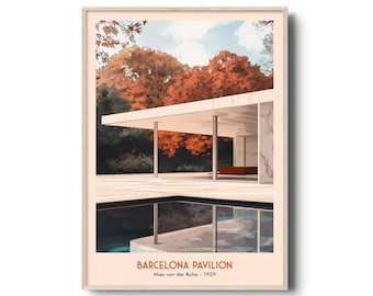 Barcelona Pavilion Konsttryck, Modern Arkitekturaffisch, Mies van der Rohe Design, Minimalistisk Väggkonstdekor, Modernistisk Stil, 1929
