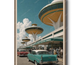 Retro futuristisk rymdhamnstryck, atomålderns flygplatsarkitekturposter, mitten av århundradet sci-fi-väggkonst