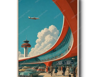 Retro futuristisk flygplatsposter, atomålderns rymdåldersarkitekturtryck, science fiction-väggkonst från 1950-talet