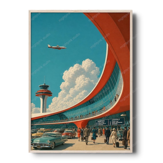 Retro Futurist Airport Poster, Atomic Age Space Age Architecture