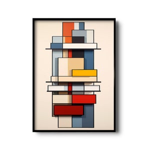 May include: Abstract geometric painting with a vertical composition. The painting features a series of stacked rectangles in various colors, including red, yellow, blue, and beige, against a cream background.