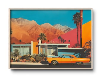 May include: A vintage yellow car parked in front of a mid-century modern house with a colorful background of mountains and palm trees.