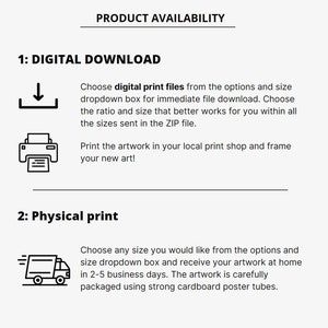 May include: A product availability graphic with the title "PRODUCT AVAILABILITY". It details two options: digital download and physical print. The digital download option includes a download icon and printer icon. The physical print option includes a delivery truck icon.